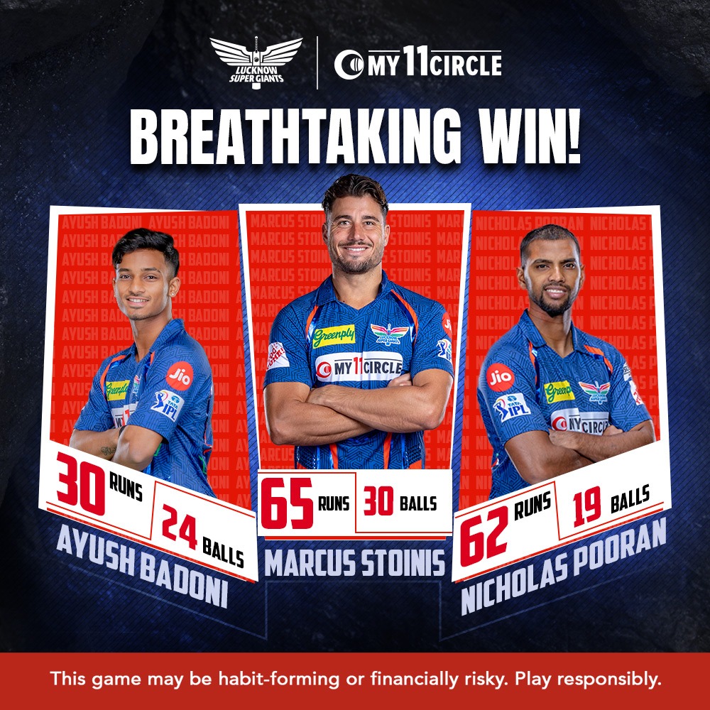My11Circle's tweet photo. Nail-biting finish:
@LucknowIPL
edges out Bangalore in a thriller! #BLRvsLSG #My11CirclexLSG https://t.co/FYGOR7kiv5