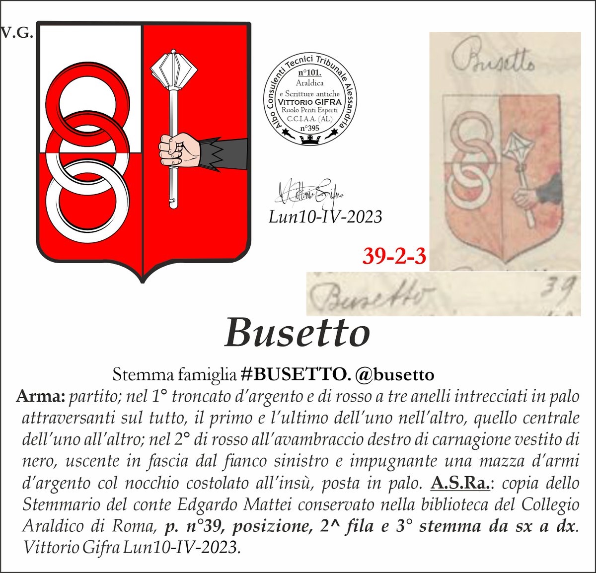 VGIFRA's tweet photo. Stemma famiglia #BUSETTO. @busetto
A.S.Ra.: copia dello Stemmario del conte Edgardo Mattei conservato nella biblioteca del Collegio Araldico di Roma, p. n°39, posizione, 2^ fila e 3° stemma da sx a dx. Vittorio Gifra Lun10-IV-2023. https://t.co/4hUXYOfmvX