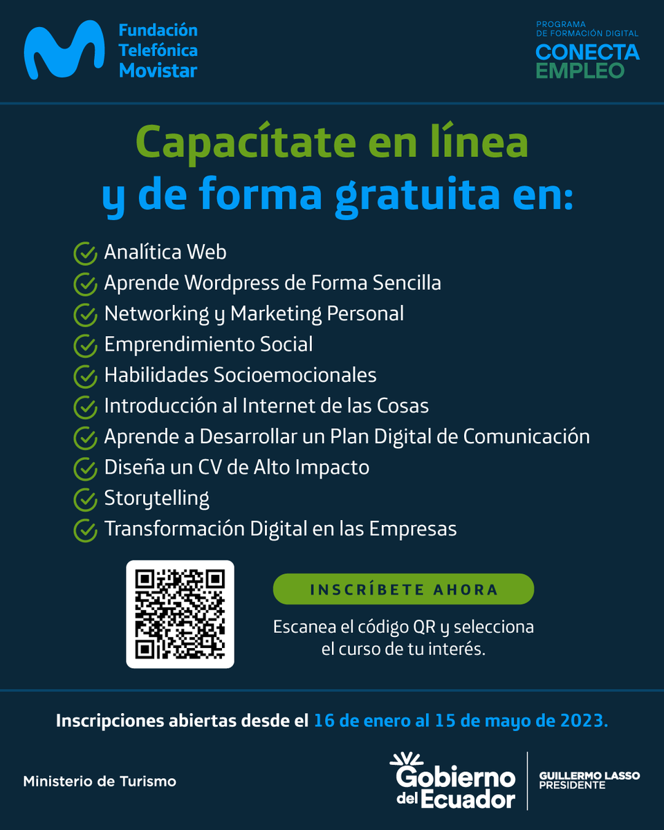 🚀@FTMovistarEc y el Ministerio de Turismo te invitan a formar parte los cursos online💻del programa #ConectaEmpleo.

Conoce la variedad de cursos gratuitos a los que puedes acceder ingresando al siguiente link e inscríbete hasta el 15 de mayo de 2023.➡️
bit.ly/2zrluOq