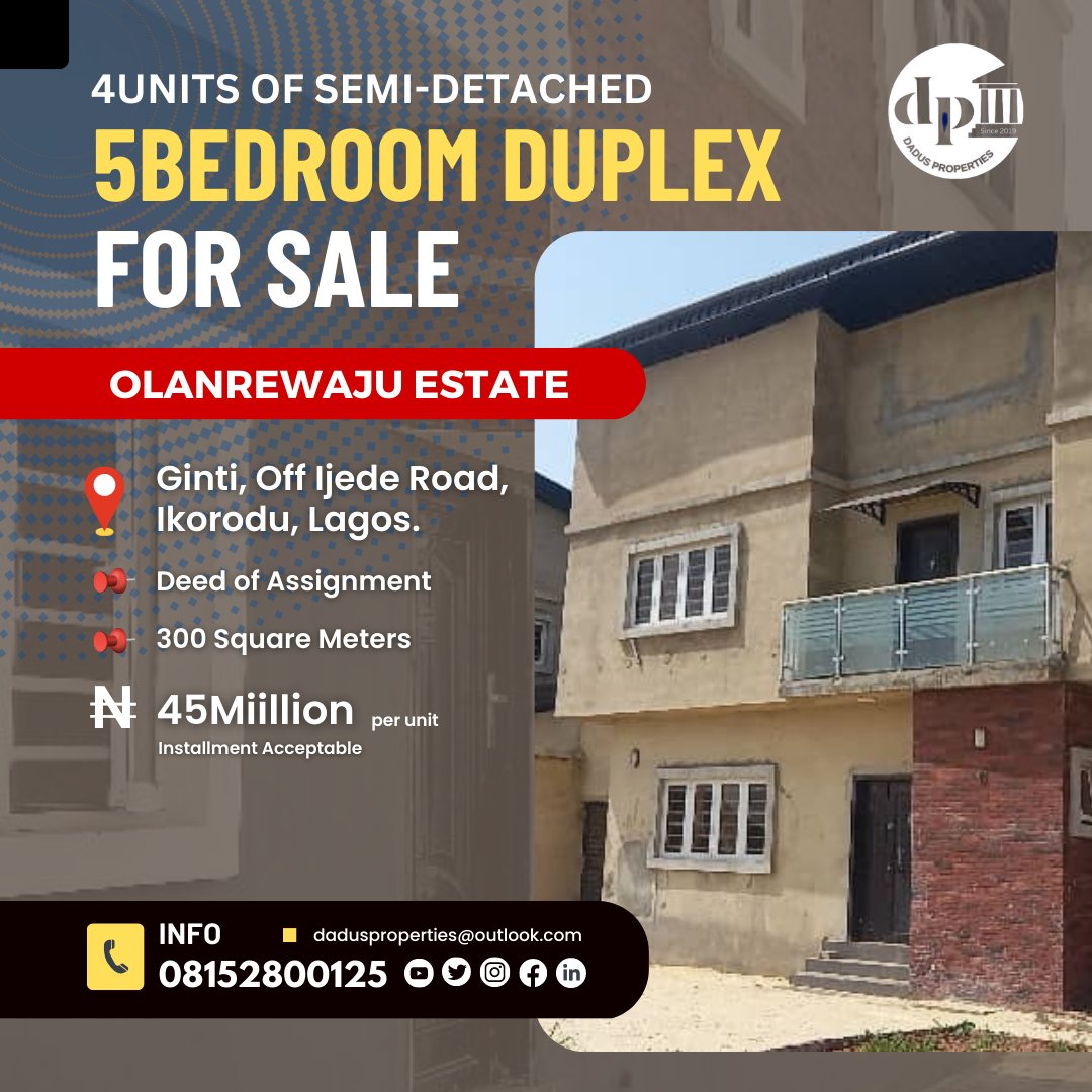 DadusProperties's tweet photo. 4UNITS OF SEMI-DETACHED 5BEDROOM AT OLANREWAJU ESTATE, GINTI, IKORODU, LAGOS
For more info, call 08152800125
#ginti #olanrewajuestate #ijederoad #ikorodu #dadus #properties #realestate #fenced #gated #estate #oluwatosindada #marketing #offer #land #building #duplex #squaremeter https://t.co/KdhPCCYGL1