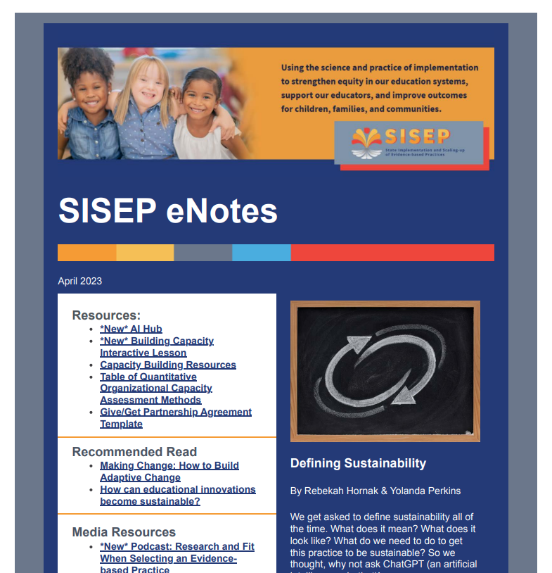 The SISEP April eNotes is now available:  bit.ly/3KP58F0

Take a minute to review and subscribe today:  bit.ly/sisepnews

#Implementation #ImpPractice