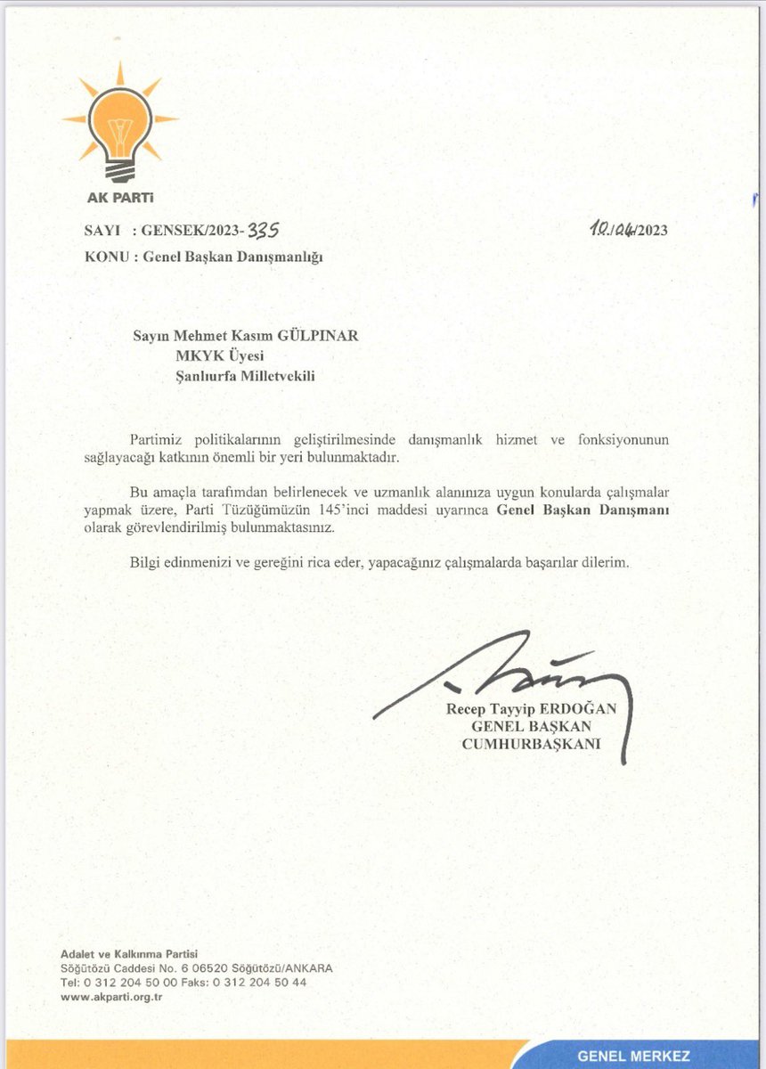Cumhurbaşkanımız ve Genel Başkanımız Sayın <a href="/RTErdogan/">Recep Tayyip Erdoğan</a>’ın tensipleriyle Genel Başkan Danışmanlığına atanan MKYK Üyemiz, Şanlıurfa Milletvekilimiz Sn. Mehmet Kasım Gülpınar'a görevinde başarılar diliyorum.

Hayırlı olsun.