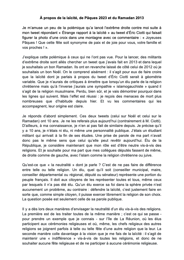 ALeaument's tweet photo. Suite à la polémique lancée par l'extrême droite contre moi après mon tweet concernant Éric Ciotti et la laïcité, j'ai décidé d'écrire...

À propos de la laïcité, de Pâques 2023 et du Ramadan 2013.

Bonne lecture !

✊🇫🇷😘 https://t.co/1dEoKRkCm5