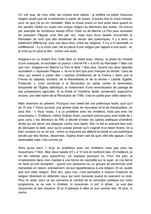 ALeaument's tweet photo. Suite à la polémique lancée par l'extrême droite contre moi après mon tweet concernant Éric Ciotti et la laïcité, j'ai décidé d'écrire...

À propos de la laïcité, de Pâques 2023 et du Ramadan 2013.

Bonne lecture !

✊🇫🇷😘 https://t.co/1dEoKRkCm5