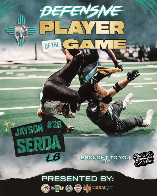 Defensive player of the game this week is Jayson Serda! He had 10 tackles 2.5 tackles for loss and 1 sack! Great job Serda! 🔥🔥 . . . . #CommunityChampions #DCGladiators #nmtrue #albuquerque #nm #ifl #newmexico #arenafootball #indoorfootball #dukecity #gladiators