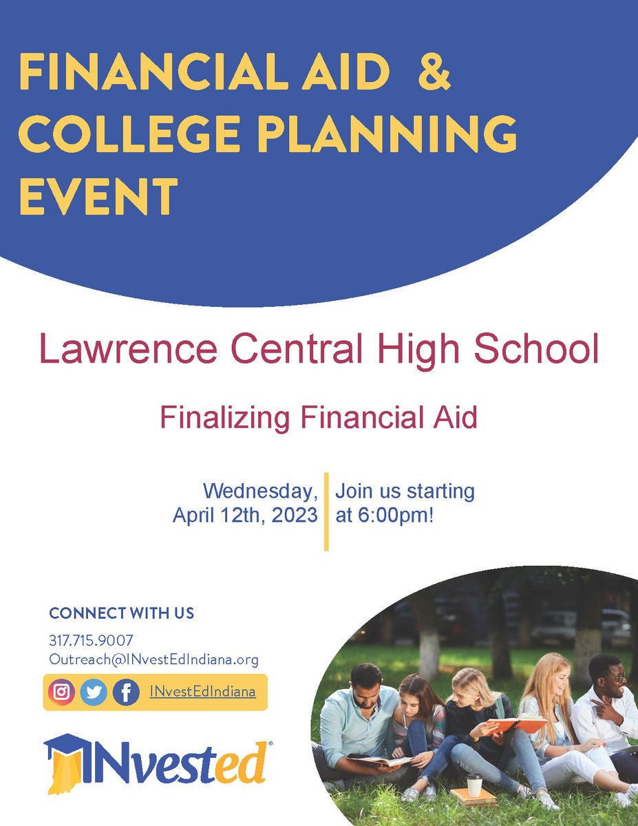 Mark your calendars & join us [day, time & location] as @INvestedIndiana will outline key steps in the process of finalizing your #college funding plan. #LessDebt @LCHSBears @ltgoodnews