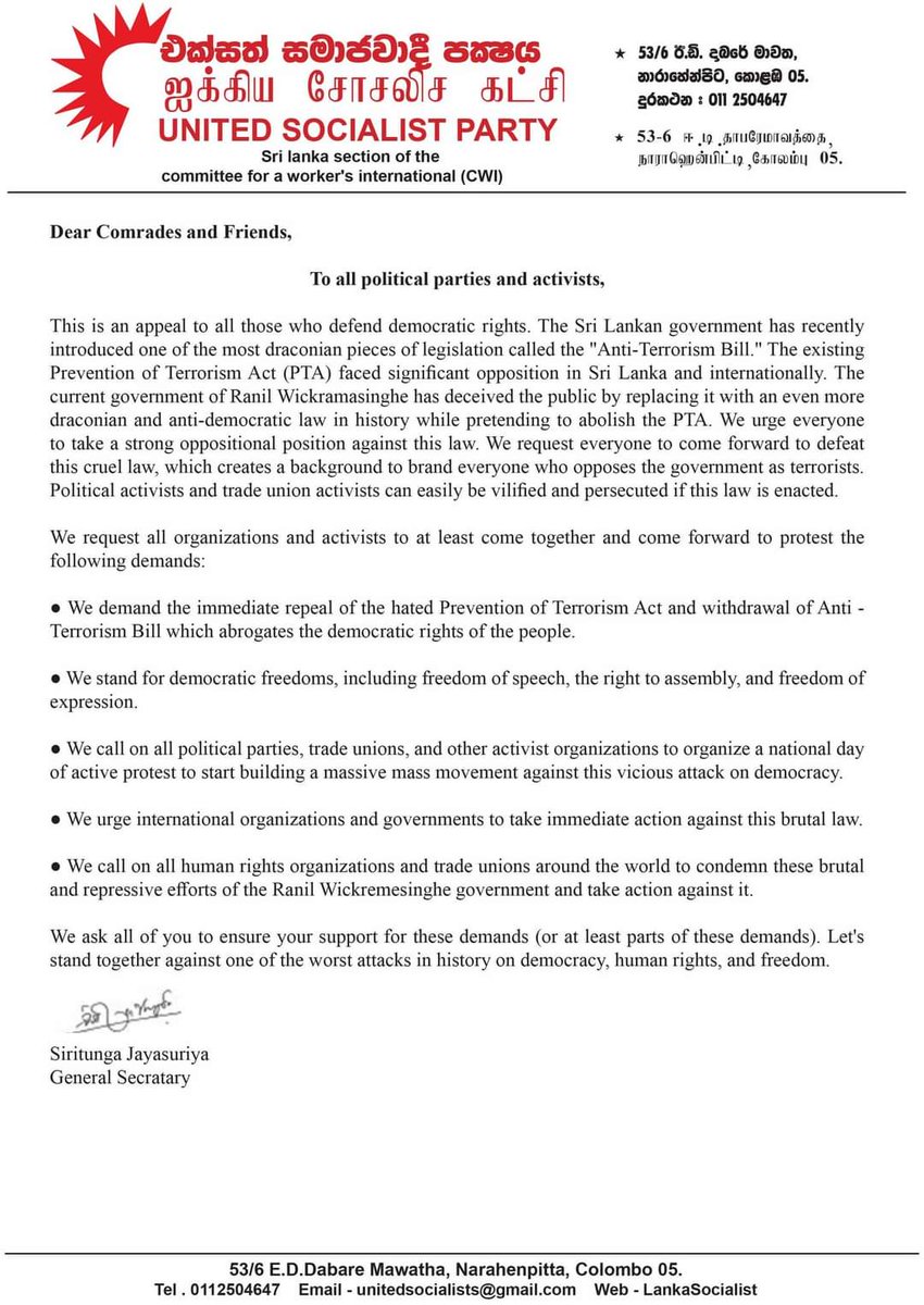 USPSriLanka's tweet photo. We appeal to all political parties, trade unions, international organizations, government &amp; other activist organizations to carry out united actions against the newly proposed draconian act ATA.

#lka #SriLanka #HumanRights #Democracy #RightToPrptest #FreedomOfSpeech https://t.co/kZ0qmiErlM