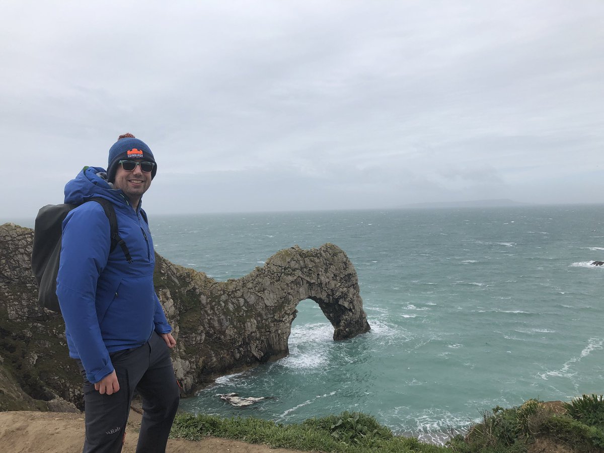 LouisKinnear's tweet photo. Swapped Cyprus this year for the (arguably superior) Jurassic coast. Complete with friendly mocking for my over-enthusiasm #geology #fossils #lulworthcrumple https://t.co/cbmwnz7hkL