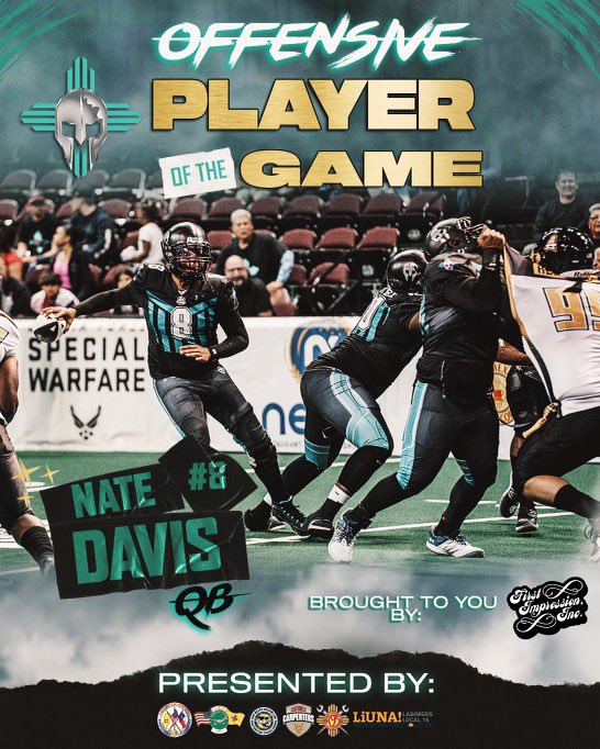Offensive player of the game this week is our QB Nate Davis passing 146 yards 6 passing tds! Great job Nate! . . . . #CommunityChampions #DCGladiators #nmtrue #albuquerque #nm #ifl #newmexico #arenafootball #indoorfootball #dukecity #gladiators #newmexicotrue #Albuquerque
