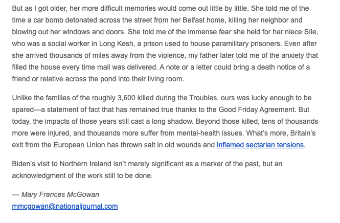 Important personal essay from <a href="/maryfrancesmcg/">Mary Frances McGowan</a> in today's <a href="/njhotline/">National Journal Hotline</a> on Biden, the Troubles, and her family story.