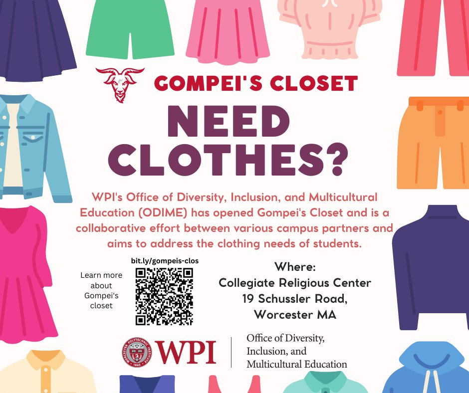 wpi_odime's tweet photo. Need clothes? WPI's Office of Diversity, Inclusion, and Multicultural Education (ODIME) has opened Gompei's Closet and is a collaborative effort between various campus partners to address the clothing needs of students
Learn more: https://t.co/1CWB6EuaPY

#WPI #ODIME #WPITechTube https://t.co/U5o7eKGDmt