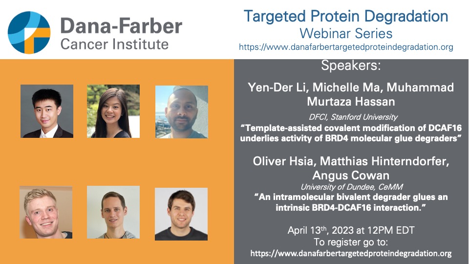 Mikołaj Słabicki (@biomiko) on Twitter photo Join for DCAF16-focused seminars:
Yen-Der Li <a href="/LiYender/">Yen-Der Li</a> (Ebert Lab), Michelle Ma (<a href="/fischerlab1/">Fischer Lab</a>), and Muhammad Murtaza Hassan <a href="/M_MurtazaHassan/">Muhammad Murtaza Hassan</a> (Gray lab).
As well as Matthias Hinterndorfer <a href="/_matthias_h/">Matthias Hinterndorfer</a> (@georg_e_winter), Ollie Hsia <a href="/ollie_lh/">Ollie Hsia</a>, and Angus Cowan (<a href="/alessiociulli/">Alessio Ciulli</a> lab) Join for DCAF16-focused seminars:
Yen-Der Li <a href="/LiYender/">Yen-Der Li</a> (Ebert Lab), Michelle Ma (<a href="/fischerlab1/">Fischer Lab</a>), and Muhammad Murtaza Hassan <a href="/M_MurtazaHassan/">Muhammad Murtaza Hassan</a> (Gray lab).
As well as Matthias Hinterndorfer <a href="/_matthias_h/">Matthias Hinterndorfer</a> (@georg_e_winter), Ollie Hsia <a href="/ollie_lh/">Ollie Hsia</a>, and Angus Cowan (<a href="/alessiociulli/">Alessio Ciulli</a> lab)
