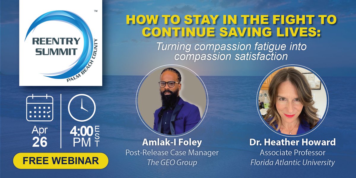 Please join us Wed., April 26th at 4p EST for a free webinar that will provide helping professionals with practical tips on how to turn compassion fatigue into compassion satisfaction. Register here: fau-edu.zoom.us/meeting/regist…

#reentry #reentrymatters #secondchancemonth