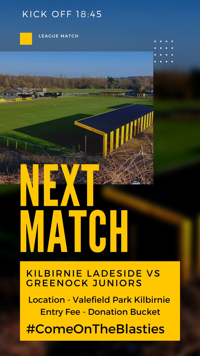 👊🏻FRIENDLY👊🏻

🗓Date -  14/04/2023
🏆WOSFL Division One 
⏰Time - 18:45
🆚Opposition - <a href="/GREENOCKJFC/">Greenock Juniors FC</a> 
📍Valefield Park, Kilbirnie 

#ComeOnTheBlasties