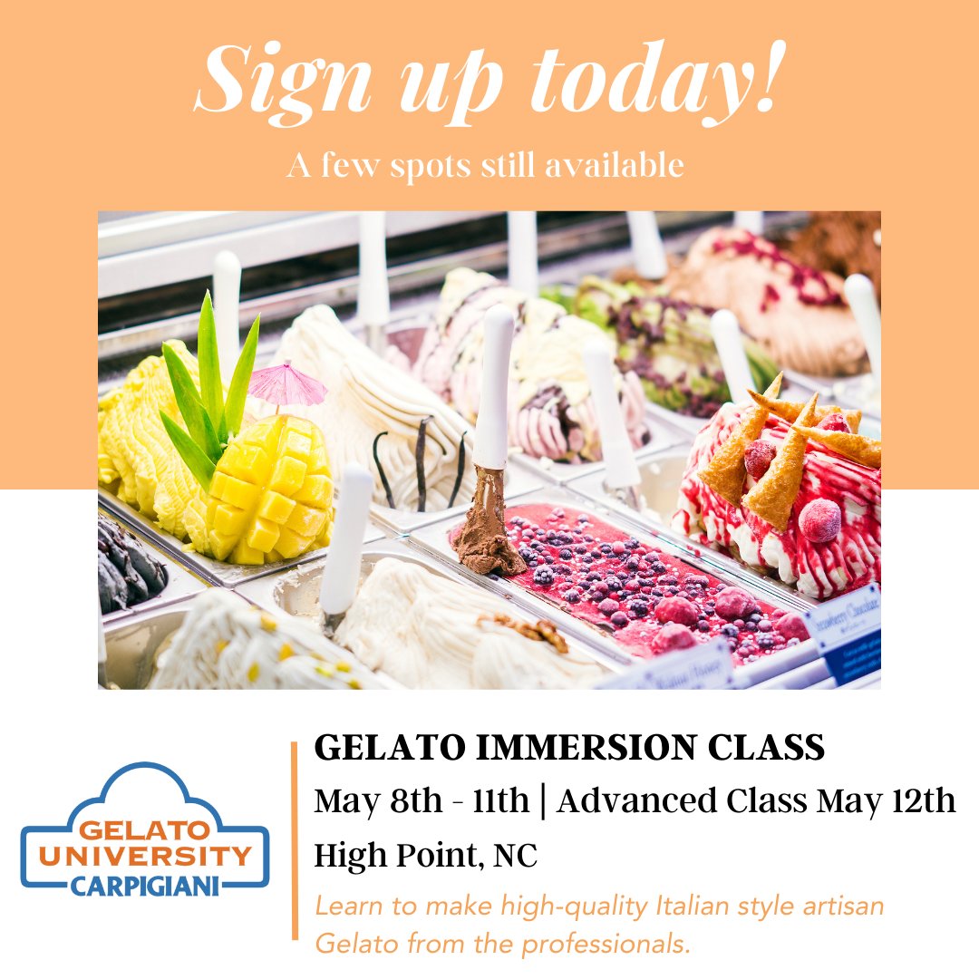 Are you interested in learning how to make Italian-style artisan gelato? Sign up for our Gelato Immersion Class May 8 - 11 Advanced class May 12. Register today while spots are still available gelatouniversity.com/en/courses/bas… or email university@carpigiani-usa.com #gelato #class #artisan
