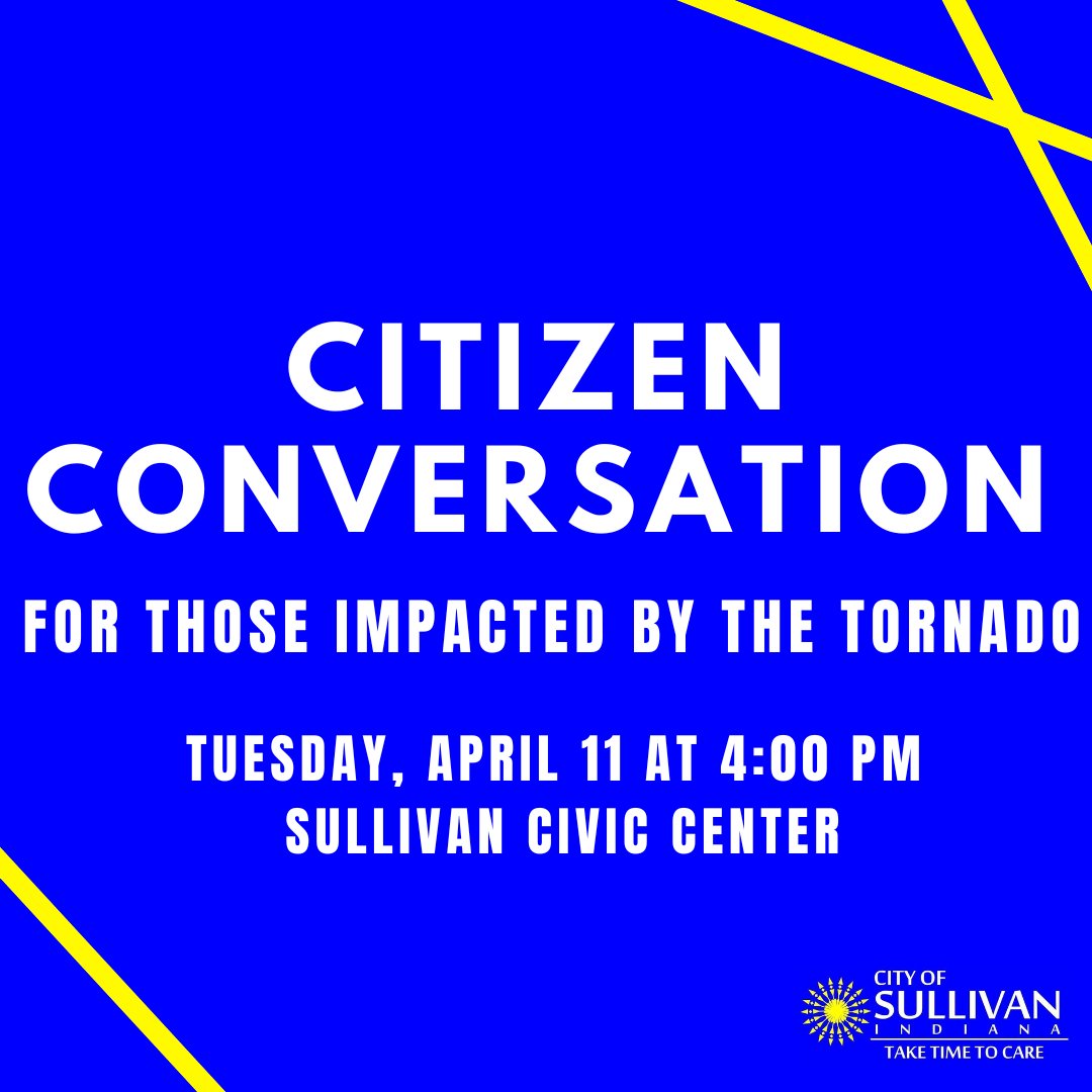 sullivan_city's tweet photo. #CityOfSullivan residents are invited to attend a citizen conversation tomorrow (Tuesday) April 11 at 4:00 p.m. at the Sullivan Civic Center. We want to hear from you regarding any unmet needs to date and future efforts.

#SullivanStrong https://t.co/CZKKaViBnp