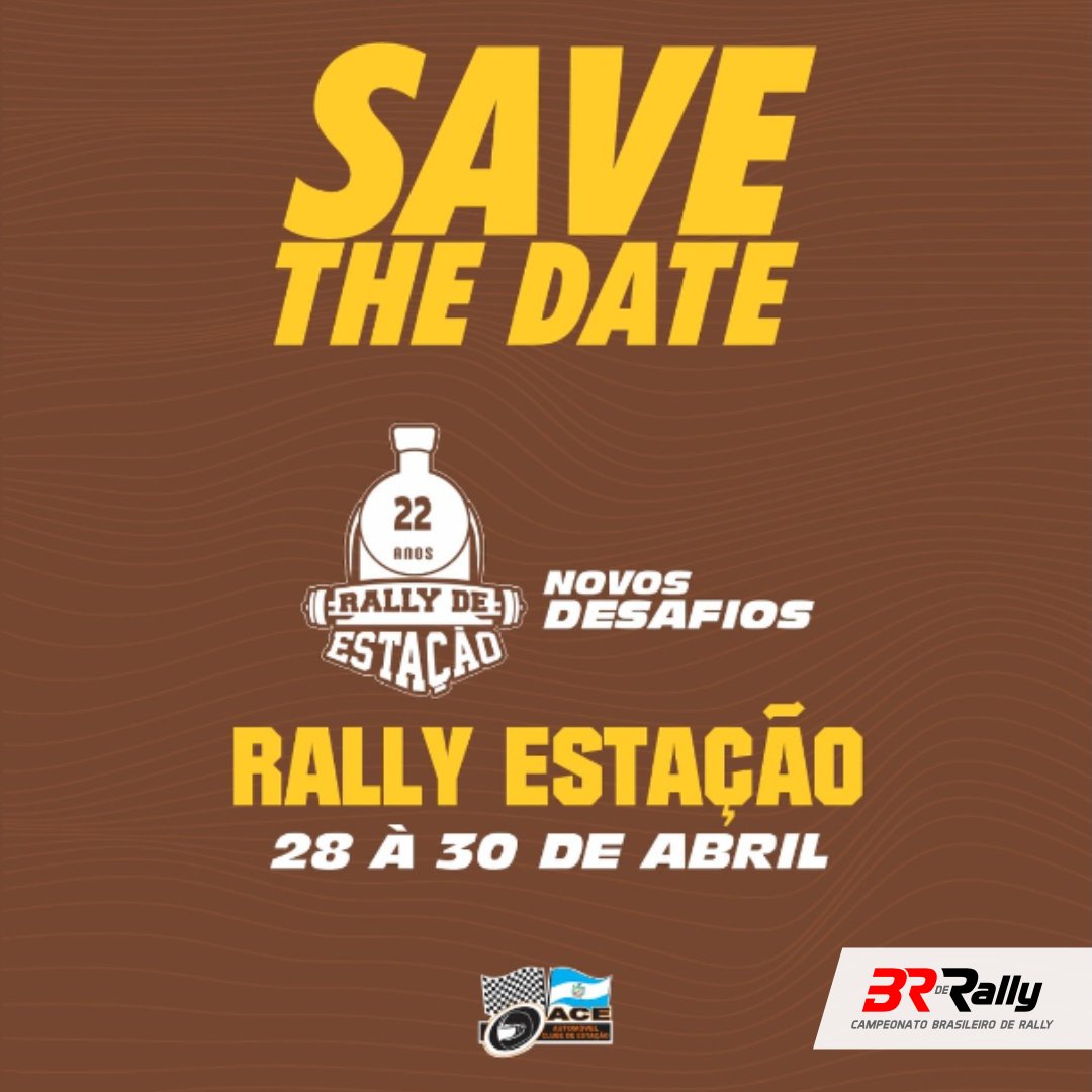 BRdeRally's tweet photo. Vem aí o Rally Estação 2023!
São 22 anos de velocidade e emoção que chegam com novos desafios.
#SaveTheDate 28 A 30 de abril de 2023
#RallyEstacao #brderally #cbr #rallydevelocidade https://t.co/PJjneQk49D