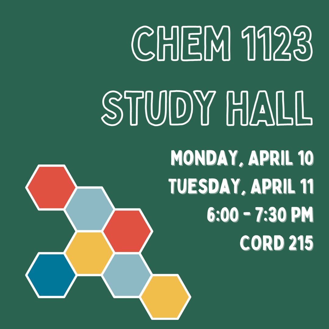 uarksuccess's tweet photo. HAPPENING TONIGHT: CHEM 1123 Study Halls! 

Bring your questions and problems to prepare for the upcoming exam and receive assistance from an SI leader/tutor!

🗓 Mon 4/10 &amp; Tues 4/11
⏰ 6:00-7:30pm
🏫 CORD 215 (check in at tutoring)
✉️ Just drop-in!

#UARK #SuccessHappensHere https://t.co/DimwMgZcc7