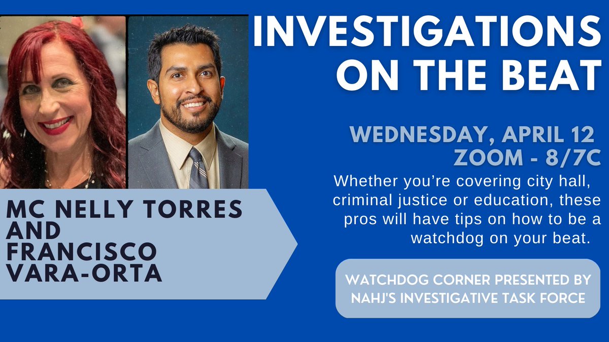 MARK YOUR CALENDARS! 

@WatchdogDiva & @fvaraorta will share some of their tips on how to be a watchdog on whatever beat you're covering. Join us this Wednesday!

Register here: nahj.memberclicks.net/watchdog-corner #callingalljournalists @NAHJ