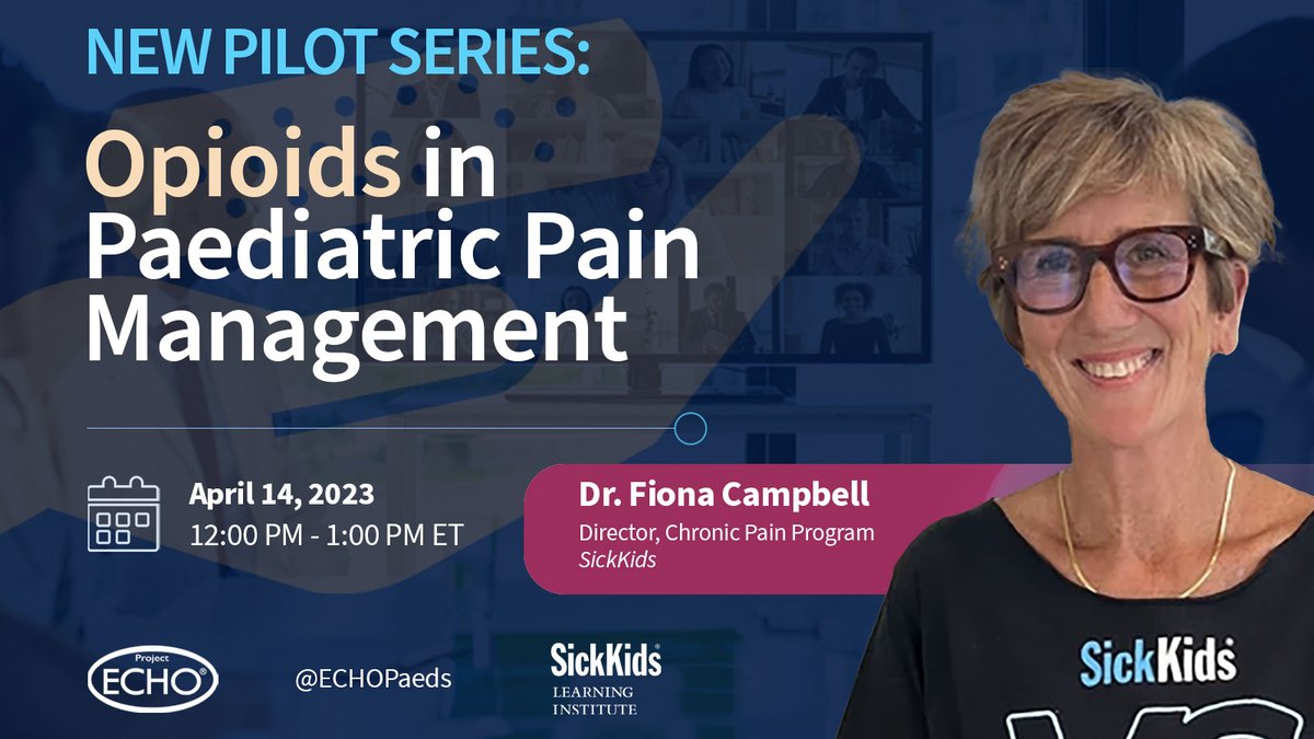 Paediatric Project ECHO (@echopaeds) on Twitter photo #HCPs/#PrimaryCare providers, join the inaugural session in our new series focused on #opioids and #substance use in #PedsPain.
<a href="/DrFCampbell/">Fiona Campbell, MD</a> presents on "Opioids in Paediatric Pain Management".
🔎Case discussion follows.
April 14 | 12-1pm
Register:⬇️
sickkids.echoontario.ca/opioids-suap-p… #HCPs/#PrimaryCare providers, join the inaugural session in our new series focused on #opioids and #substance use in #PedsPain.
<a href="/DrFCampbell/">Fiona Campbell, MD</a> presents on "Opioids in Paediatric Pain Management".
🔎Case discussion follows.
April 14 | 12-1pm
Register:⬇️
sickkids.echoontario.ca/opioids-suap-p…