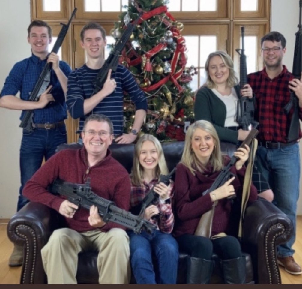 The gun used in today’s mass shooting in Louisville was an AR-15 style assault rifle.
Louisville Rep Massie features a few AR-style rifles, an Uzi, an M60 and a Thompson machine gun in his Christmas card, in case you’re wondering if he cares.