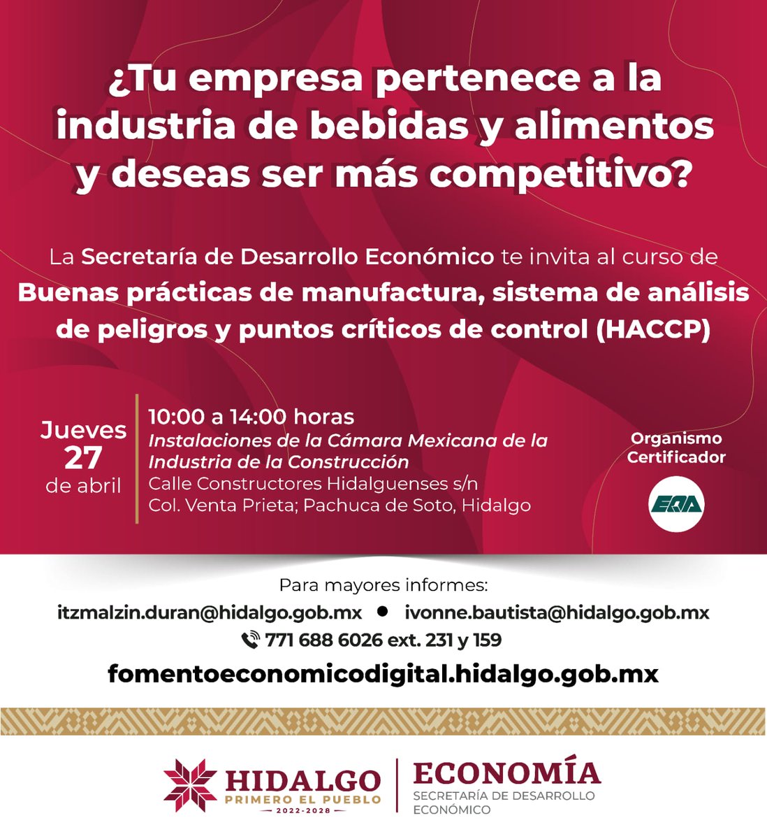 Sedeco_Hgo's tweet photo. Regístrate a través de la plataforma https://t.co/N2xVy07s7t en el apartado de eventos y capacitaciones

📅 27 de abril
⌚ 10:00 a 14:00 horas 
📌 Instalaciones de la CMIC

📞 771 688 6026 Ext. 231 y 159
⌚ Horario de atención de 8:30 a 16:30 horas https://t.co/S4iPoW1uRF