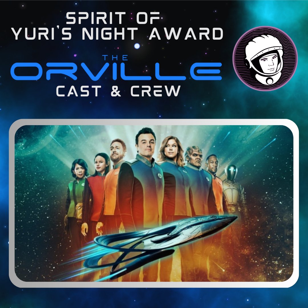 The Spirit of @yurisnight Award is given to "a person or team that embodies the Yuri’s Night mission by using music and art to make space cool" &amp; this year they are honoring the cast &amp; crew of #TheOrville! A galaxy of thanks for recognizing our hard work &amp; love of space 🚀💜✨