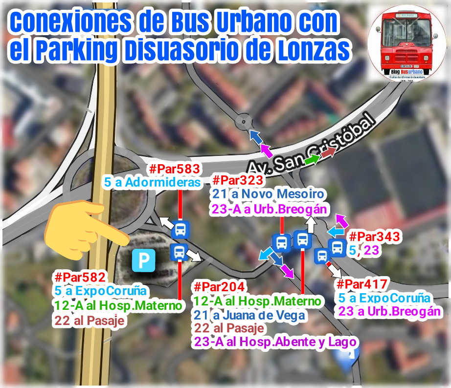 BlogBusurbano's tweet image. Conexiones de #BusUrbano con las proximidades del #ParkingDisuasorio de #Lonzas. 

Serían estas líneas:
➡Desde y hacia el centro:
#Lín5
#Lín21
#Lín23
#Lín23A
➡Hacia Hospitales
#Lín12A
#Lín20 (&amp;gt;Pasaje)

El plano no está como nos hubiese gustado, pero a ver si es "entendible"...