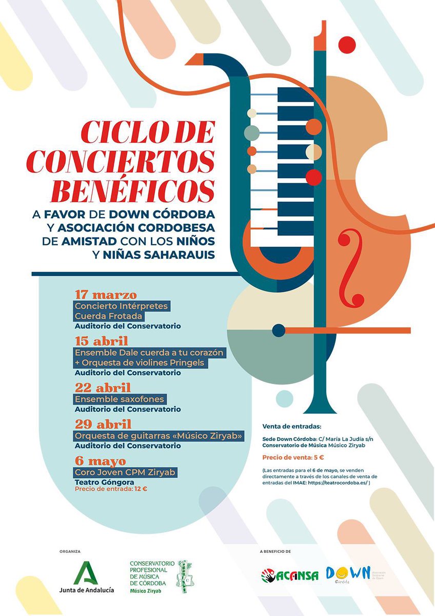 🎼 𝗖𝗜𝗖𝗟𝗢 𝗗𝗘 𝗖𝗢𝗡𝗖𝗜𝗘𝗥𝗧𝗢𝗦 𝗕𝗘𝗡𝗘́𝗙𝗜𝗖𝗢𝗦 
 
📅 La próxima cita la tenemos el sábado 15 de abril a las 19.30 horas en el auditorio del Conservatorio Profesional de Música Músico Ziryab.

Entradas disponibles (5 euros) en la Sede de <a href="/DownCordoba/">Down Córdoba</a> 

Os esperamos!!