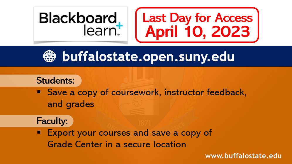 bscithelpdesk's tweet image. Remember! Today is the LAST DAY to access Blackboard at buffalostate.open.suny.edu. Students should consider saving coursework, instructor feedback, and grades before the system is finally sunset.

As Always, the #SUNY Online Help Desk is available at 1-844-673-6786.