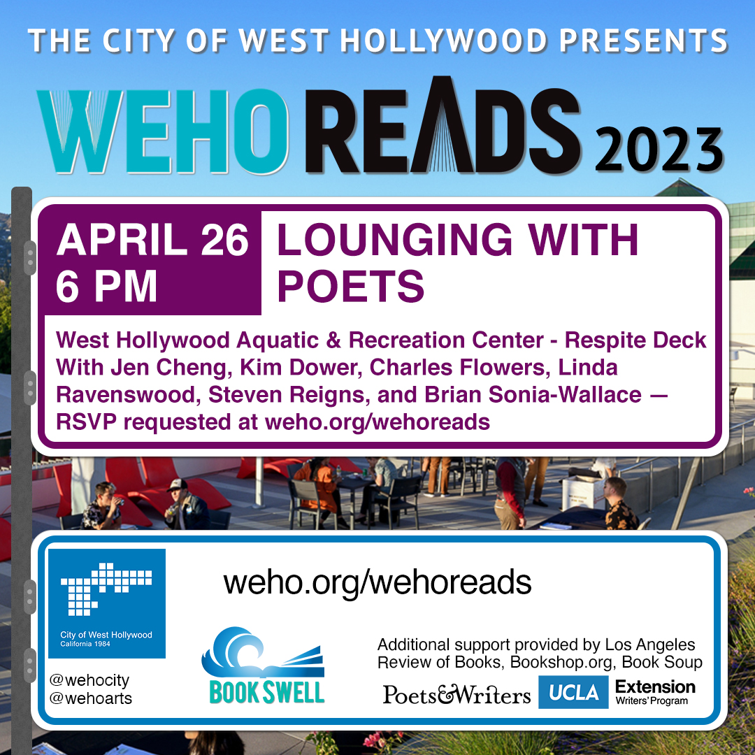 Self-care is a radical act. Come lounge with a poet. WeHo Reads: Lounging with Poets  4/26, 6p at The ARC Respite Deck, West Hollywood Aquatic and Recreation Center  RSVP recommended: weho.org/wehoreads @RentPoet @linda.ravenswood @jencvoice @stevenreigns @chasflowers