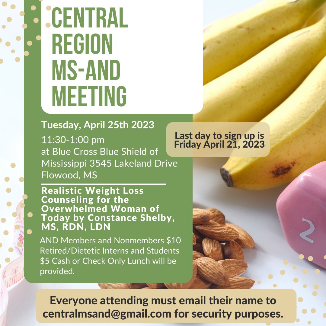 Happy Monday! We are excited to announce an upcoming regional meeting for the Central Region!
#eatrightPRO #eatrightMS #CentralMSAND #ContinuingEducation #Learning #Networking #Dietitians #NDTR #rd2be