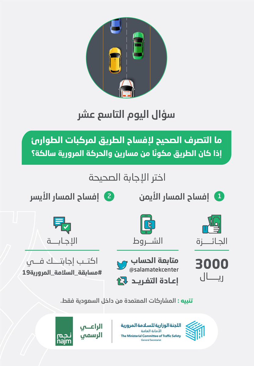 ما التصرف الصحيح لإفساح الطريق لمركبات الطوارئ إذا كان الطريق مكونًا من مسارين والحركة المرورية سالكة؟

الجائزة 3000 ريال سعودي 

الشروط:
- متابعة للحساب 
- ريتويت للتغريدة 
- اكتب إجابتك في #مسابقة_السلامة_المرورية19

الراعي الرسمي
<a href="/najm_ksa/">نجم</a>