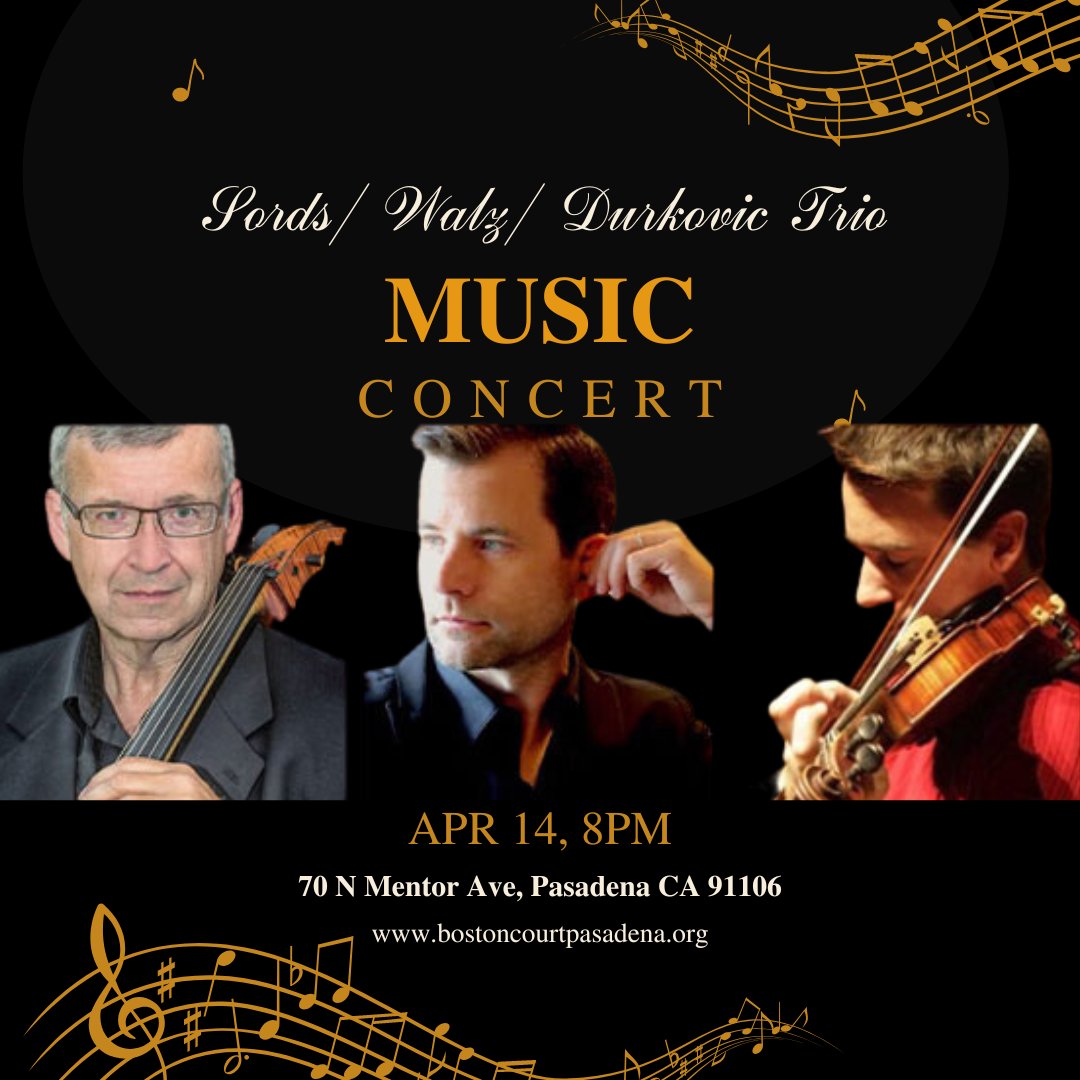 Andrew Sords (violin), John Walz (cello), and Timothy Durkovic (piano) return to Boston Court with a dazzling program that includes works by Brahms, Robert and Clara Schumann, and Mendelssohn. Enjoy their performance April 14th at 8pm.