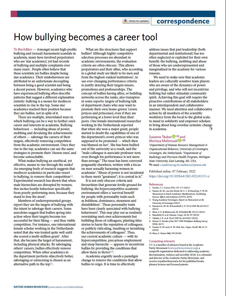 ❗️Publication alert❗️Insightful piece by <a href="/TauberSusanne/">Susanne Tauber</a> &amp; <a href="/MoriMahmoudi/">Morteza Mahmoudi, PhD</a> on how academic stars compensate for mediocrity: #bullying. Bullies stomp, scream, shout, disparage &amp; defame in order to achieve. They rise *because* of bullying, not in spite of it: nature.com/articles/s4156…