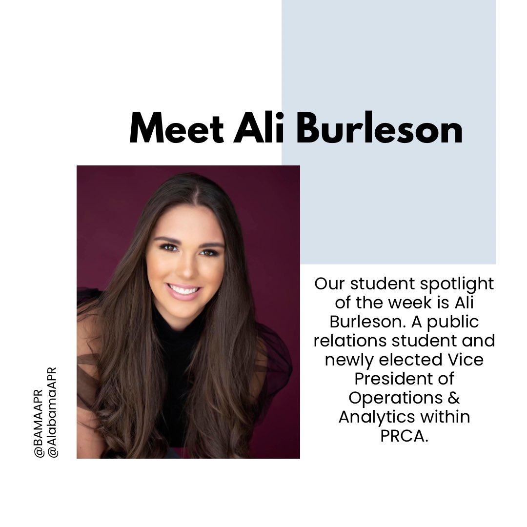 BamaAPR's tweet photo. “Throughout these past two years, I was a member of the Student Executive Council, PRCA and a Peer Leader for Mrs. Morris’ CIS 100 class. Recently, I was selected to serve as the Vice President of Operations & Analytics within PRCA and I’m excited for this new leadership role.” https://t.co/MKLiXIUTJW