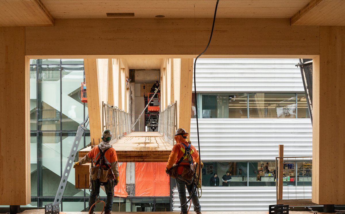 Take a look at these photographs captured by Salina Kassam from the 5th floor of Limberlost Place, as the mass timber raised pedway was installed! An amazing vantage point to witness this milestone moment on the @GBCollege site. 🏗
#moriyamateshima #limberlostplace #masstimber