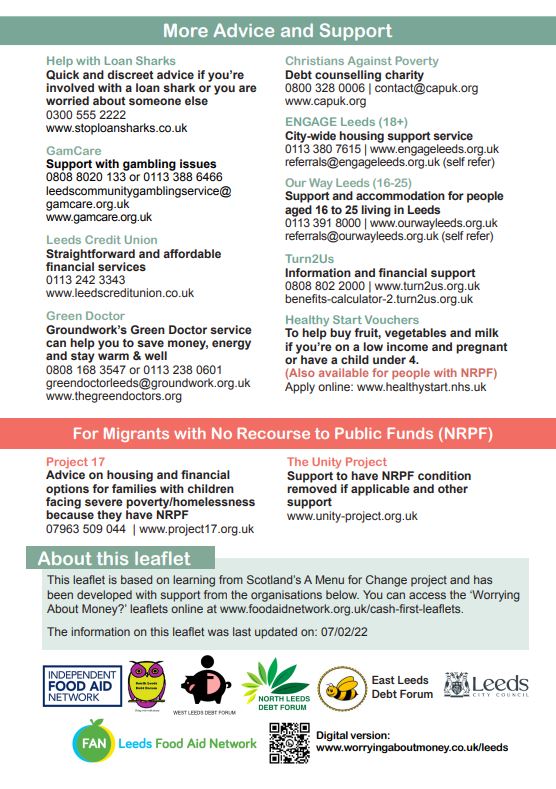 Worrying about money? You can get support in Leeds.
Please see attached information or pick up a leaflet from your local #foodbank.

#CostOfLivingCrisis
#StopUKHunger #stopukpoverty #foodparcels #givehelp #thetrusselltrust #donationswelcome #familiesincrisis #heartohelp