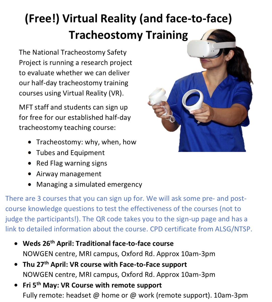 FREE <a href="/NTSP_UK/">NTSP_UK</a> Trachy safety courses in Manchester coming up. Part of a research project into the effectiveness of Virtual Reality as a teaching tool. See qualtrics.manchester.ac.uk/jfe/form/SV_6X… for details/registration. ANY healthcare professional or student can apply!