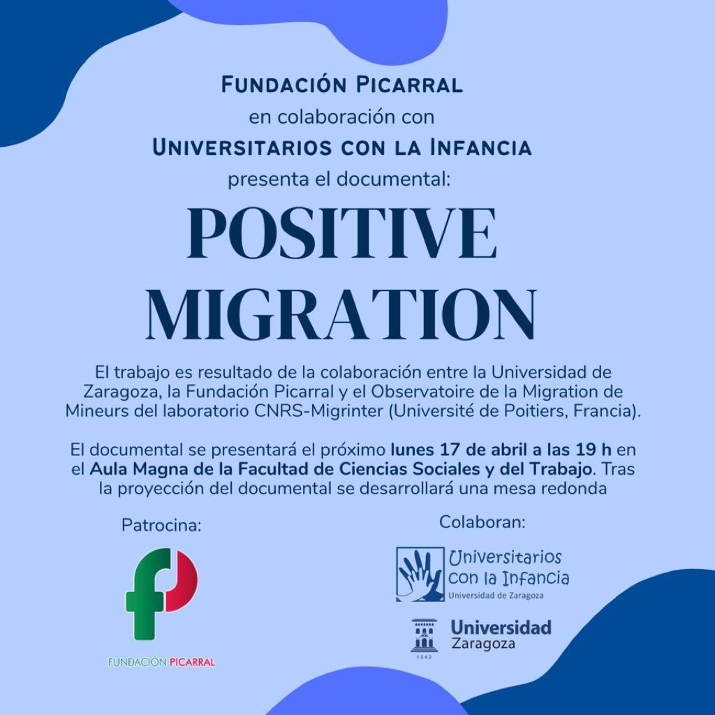 POSITIVE MIGRATION 17 de abril a las 19:00 en  @fcsytunizar Organiza: <a href="/fpicarral/">Fundación Picarral</a> <a href="/uninfancia/">Uni. con la Infancia</a> <a href="/unizar/">Universidad Zaragoza</a> y <a href="/UnivPoitiers/">Université de Poitiers</a> <a href="/chabiergimeno/">Chabier Gimeno</a> <a href="/DGGoncet/">Daniel G. Goncet</a> <a href="/AnaCrisEduca/">AnaCris</a> <a href="/mbvigo/">Begoña Vigo Arrazola</a> <a href="/esperanzacid/">esperanza cid</a> <a href="/marta_ramo_garz/">marta ramo</a> <a href="/LasherasLalanaP/">Pilar Lasheras Lalana</a> <a href="/CristinaMP_22/">Cristina Moreno</a> <a href="/AnaV_Unizar/">Ana Virginia López Fuentes</a> <a href="/SergioCored/">Sergio Cored</a> <a href="/Silviaa223/">Silvia</a> <a href="/MartaBestue/">Marta Bestué</a>