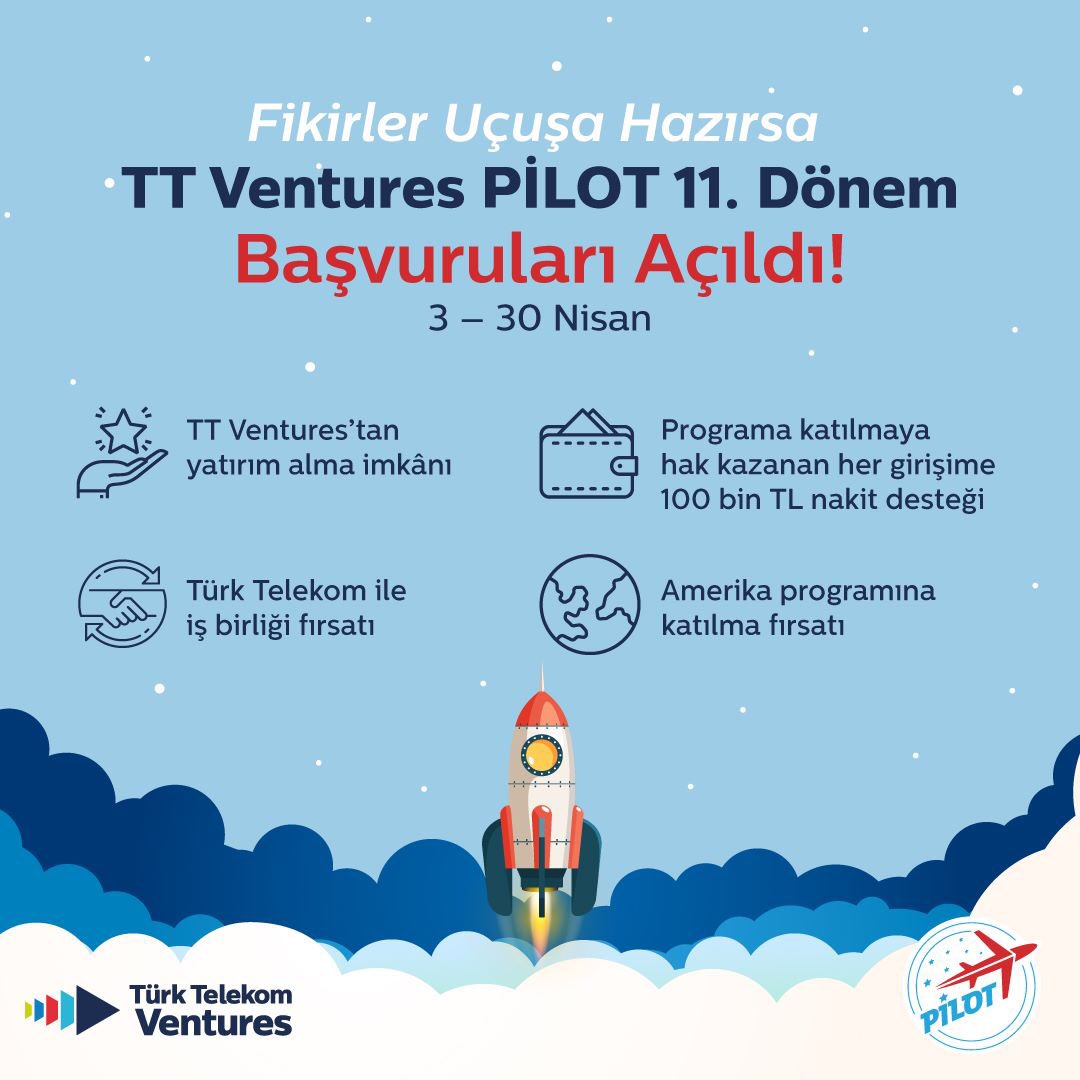 pilotgirisim's tweet photo. 11. dönem başvuru sürecimiz devam ediyor! PİLOT’ta yer almaya hak kazanan girişimcileri TT Ventures’tan yatırım, Amerika programına katılım ve mentorluk desteği gibi pek çok fırsat bekliyor. Girişimini uçuşa geçirmek için hemen tıkla 🚀👉🏼 https://t.co/yOZkhCWGMz https://t.co/wzjbSwKEVx