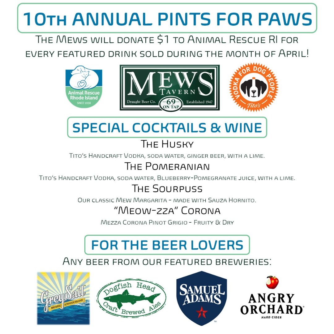 animalrescueri's tweet photo. Looking for a great way to start your week?

Take a trip to @mewstavern in Wakefield for great food and drinks during Pints for Paws! 

For the month of April, the Mews will donate $1 to ARRI for every featured drink sold. All donations benefit homeless pets, so it's a win-win! https://t.co/Zcd5hRV6va