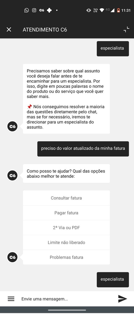 sofiaway_'s tweet image. o desgaste que é você conseguir um atendimento no @C6Bank com um robô extremamente limitado programado apenas para não passar o atendimento para um humano.