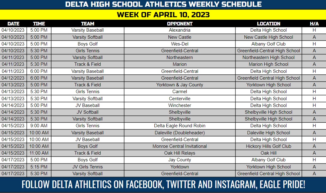Delta Athletics on Twitter "👋 hi Delta Eagle Fans ⤵️ 👉 Weekly Schedule