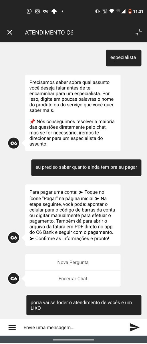 sofiaway_'s tweet image. o desgaste que é você conseguir um atendimento no @C6Bank com um robô extremamente limitado programado apenas para não passar o atendimento para um humano.