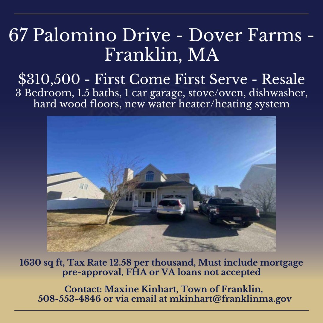 Town of Franklin, MA: Affordable housing opportunity - 1st come, 1st serve