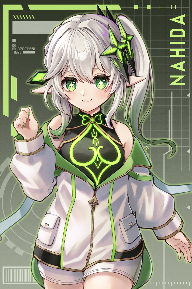 nahida (genshin impact) 1girl solo green eyes smile pointy ears side ponytail symbol-shaped pupils  illustration images