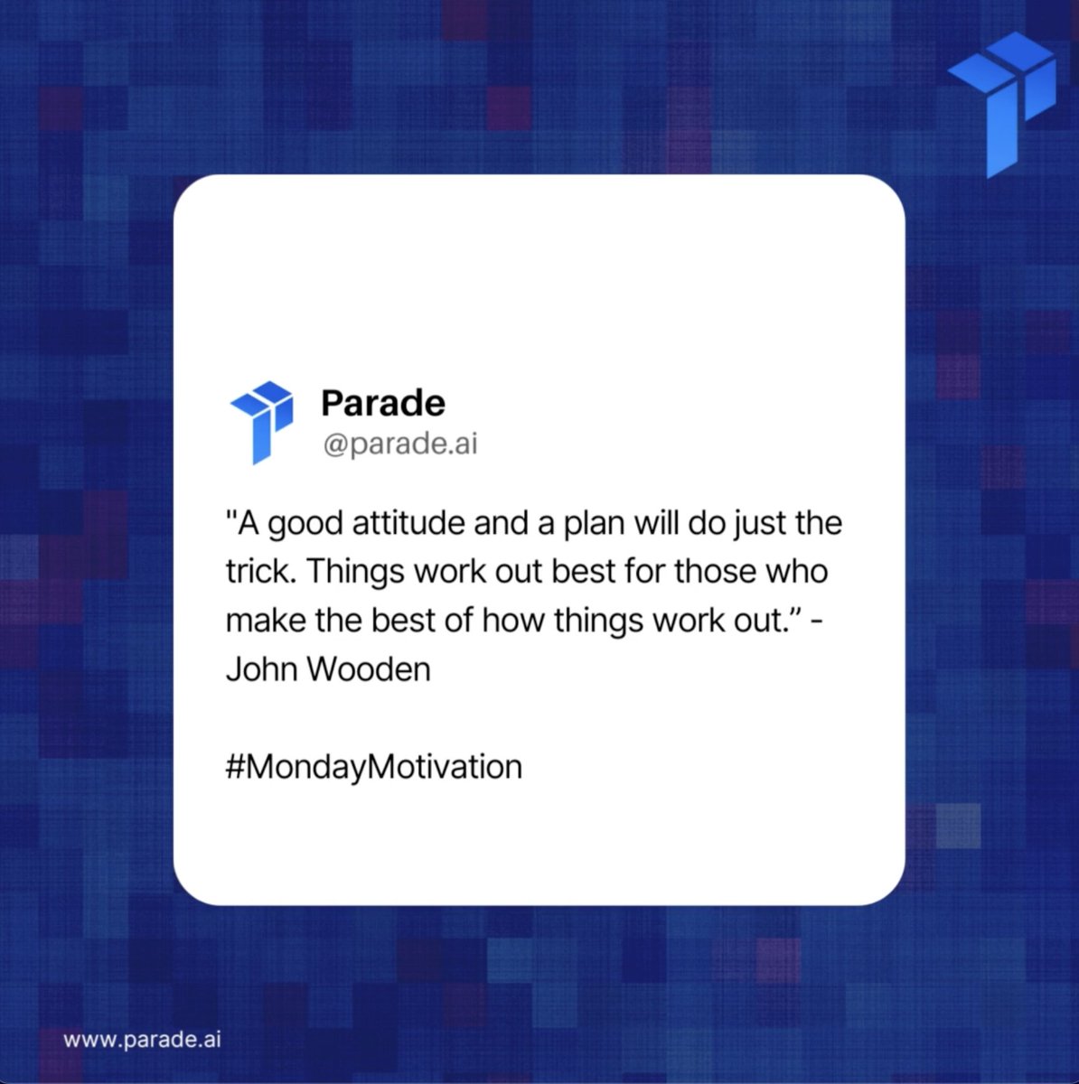 paradeai's tweet image. #mondaymotivation Wishing you all the very best week from everyone here at Parade!

#FreightTech #DigitalBooking #Monday #motivationalquotes #CapacityManagement #Technology