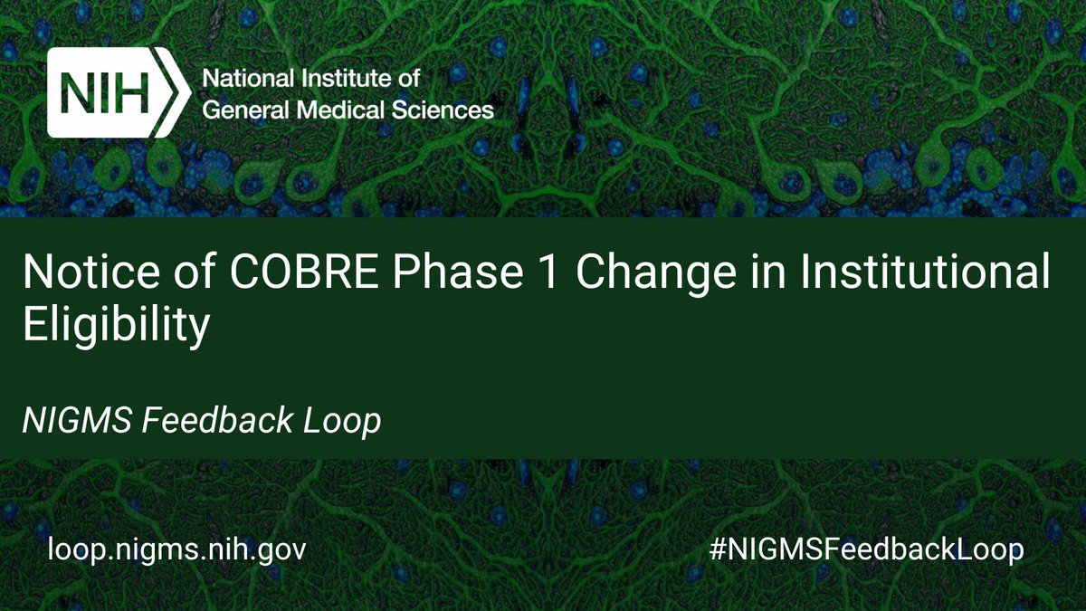 We’re pleased to announce the publication of a notice introducing a change in the institutional eligibility criteria for applications to our Centers of Biomedical Research Excellence (COBRE) Phase 1 (P20). Read the #NIGMSFeedbackLoop post for details. bit.ly/43lq6SR