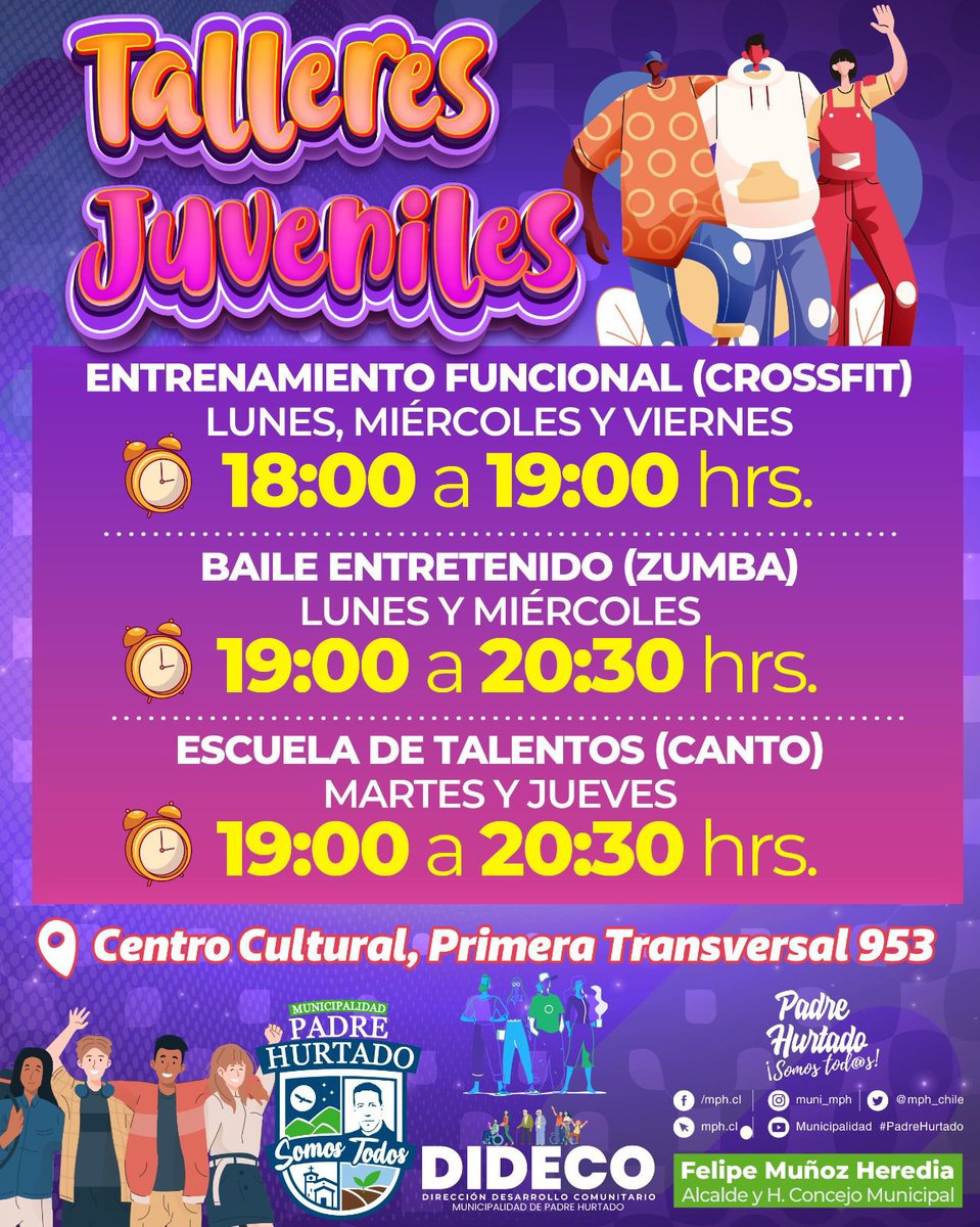 TALLERES JUVENILES 🎤🏋🏽💃🏻🏃🏻‍♀️ 

Desde el 🗓️lunes 17 de abril comienzan los tres nuevos talleres juveniles 🤩👏🏻 Entrenamiento funcional, baile entretenido y la escuela de talentos(canto

#PadreHurtadoSomosTodos